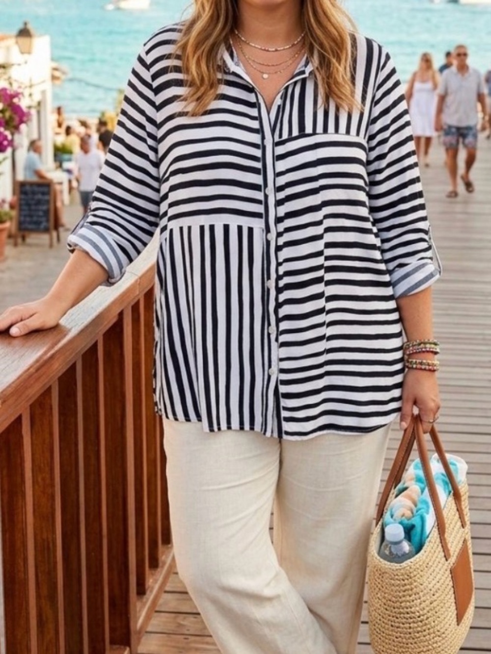 Alfred Dunner Spliced Mixed Stripe Button-Down Blouse Size 20W